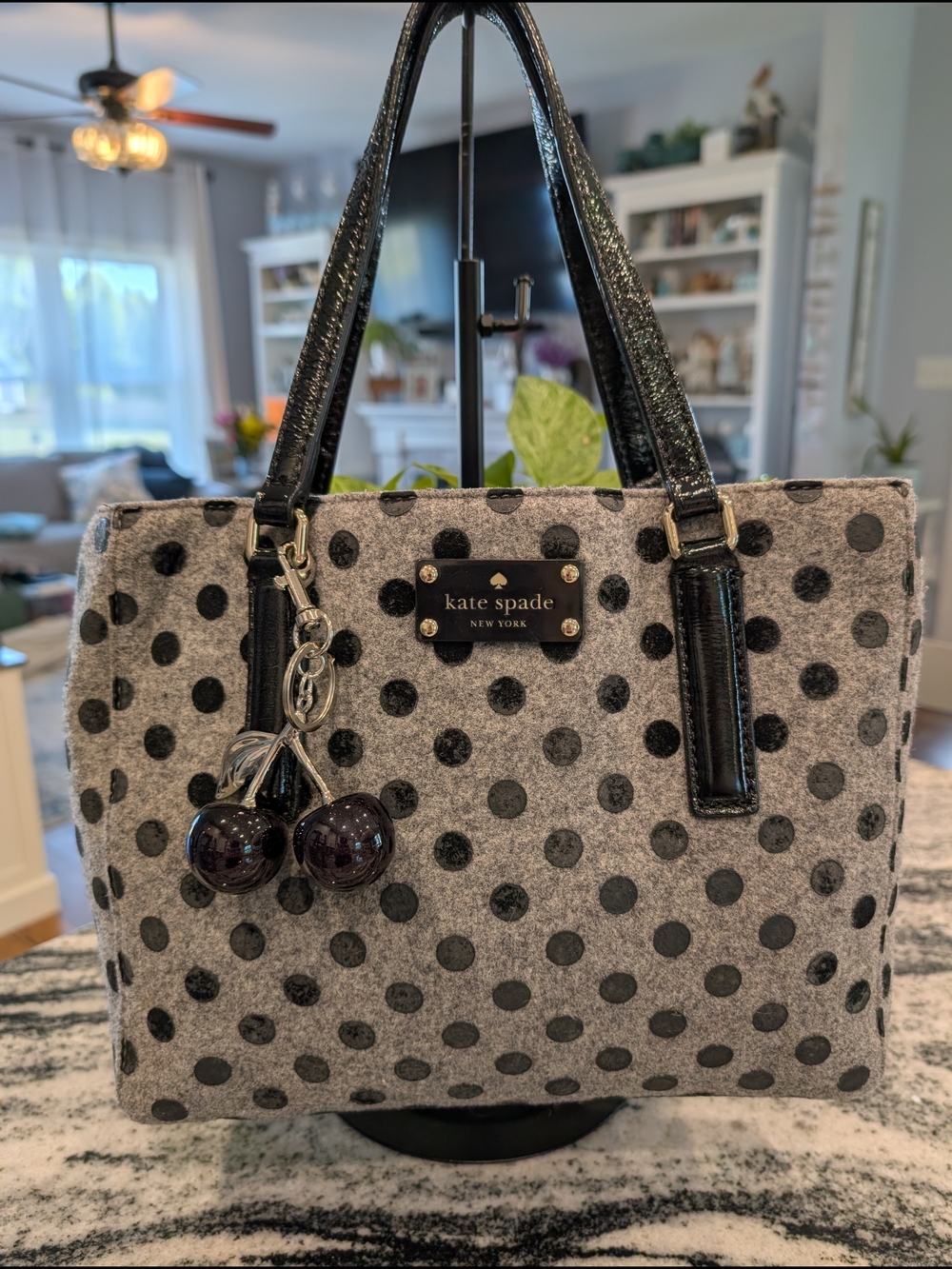 kate spade Storybook Gray Polka Dot Wool Tote w/Black Patent Leather Trim